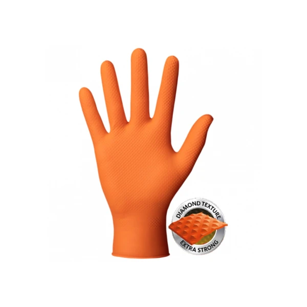 Manusi de Nitril, pentru Mecanici, Textura Diamond Grip, Grosime 3X (8.5 gr), Nepudrate, Portocalii, L, Serix, 50 buc/set, 10 set/BAX