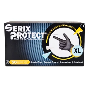 Manusi Examinare Nitril Negre, Grosime 2X (6.5 gr), Nepudrate, Negre, XL, Serix Protect KF, 50 buc/set, 10 set/BAX