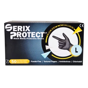 Manusi Examinare Nitril Negre, Grosime 2X (6.5 gr), Nepudrate, Negre, L, Serix Protect KF, 50 buc/set, 10 set/BAX