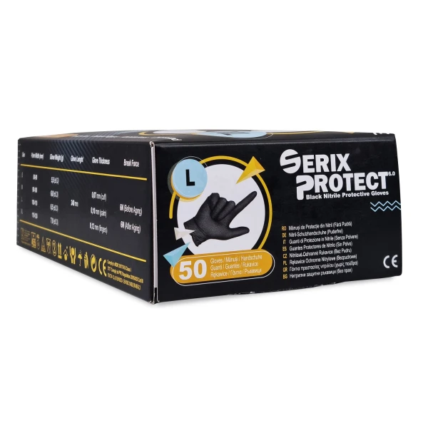 Manusi Examinare Nitril Negre, Grosime 2X (6.5 gr), Nepudrate, Negre, L, Serix Protect KF, 50 buc/set, 10 set/BAX
