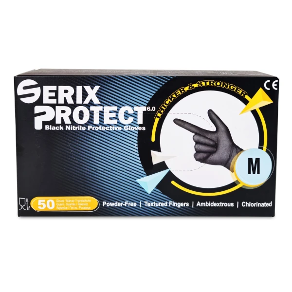 ps-43915 Manusi Examinare Nitril Negre, Grosime 2X (6.5 gr), Nepudrate, Negre, M, Serix Protect KF, 50 buc/set, 10 set/BAX