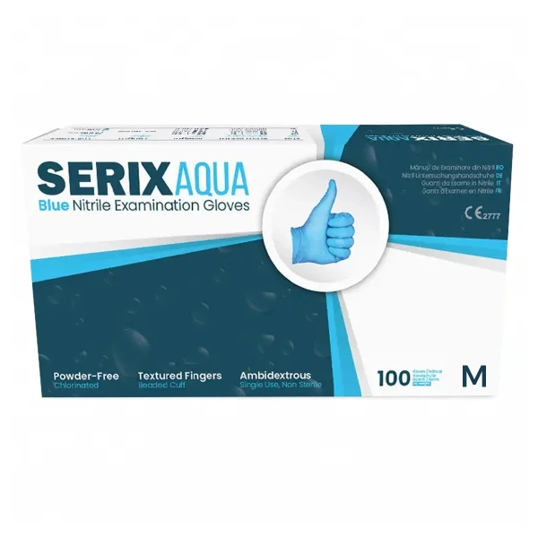 Outlet: Manusi Examinare Nitril Albastre, Nepudrate, (M), Serix Aqua ZF, 100 buc/set, 10 set/BAX, uz general, non-medical