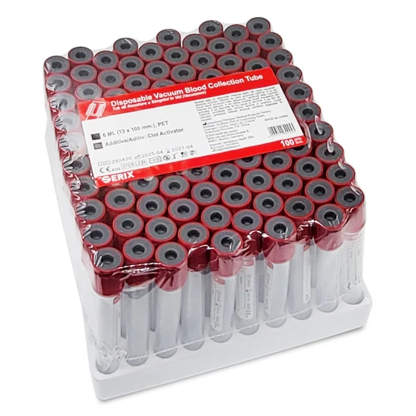 Vacutainer Biochimie 6ml cu Clot Activator, PET, Dop Rosu, Serix, 100 buc/set, 12 set/BAX