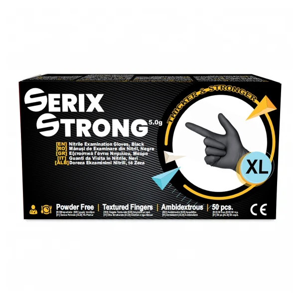 Manusi de Nitril, Grosime 1.5X (5 gr), Nepudrate, Negre, XL, Serix Strong, 50 buc/set, 20 set/BAX