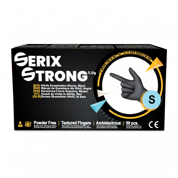 Manusi de Nitril, Grosime 1.5X (5 gr), Nepudrate, Negre, S, Serix Strong, 50 buc/set, 20 set/BAX