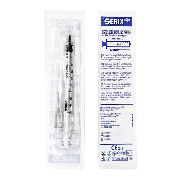 SERINGI 3P Insulina 1ML cu Ac Detasabil 27G, Serix Alfa, 100 buc/set, 32 set/BAX