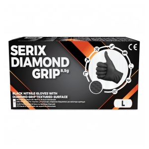 Manusi de Nitril, pentru Mecanici, Textura Diamond Grip, Grosime 3X (8.5 gr), Nepudrate, NEGRE, L, Serix, 50  buc/set, 10 set/BAX