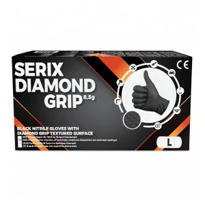 Manusi de Nitril, pentru Mecanici, Textura Diamond Grip, Grosime 3X (8.5 gr), Nepudrate, NEGRE, L, Serix, 50 buc/set, 10 set/BAX