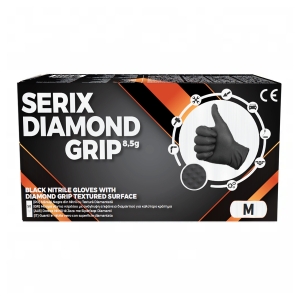 Manusi de Nitril, pentru Mecanici, Textura Diamond Grip, Grosime 3X (8.5 gr), Nepudrate, NEGRE, M, Serix, 50  buc/set, 10 set/BAX