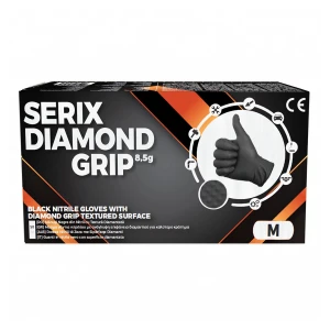 Manusi de Nitril, pentru Mecanici, Textura Diamond Grip, Grosime 3X (8.5 gr), Nepudrate, NEGRE, M, Serix, 50 buc/set, 10 set/BAX