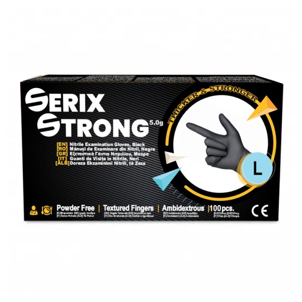 Manusi de Nitril, Grosime 1.5X (5 gr), Nepudrate, Negre, L, Serix Strong, 100 buc/set, 10 set/BAX