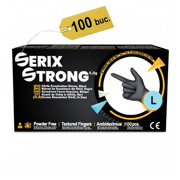 Manusi de Nitril, Grosime 1.5X (5 gr), Nepudrate, Negre, L, Serix Strong, 100  buc/set, 10 set/BAX