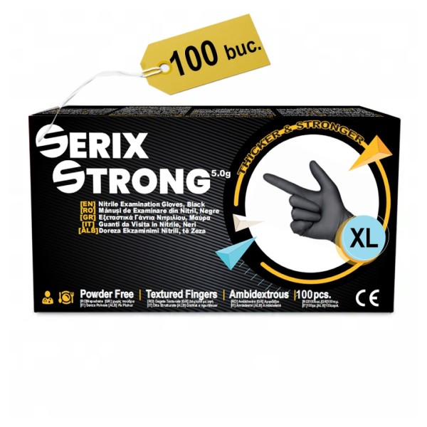 ps-45138 Manusi de Nitril, Grosime 1.5X (5 gr), Nepudrate, Negre, XL, Serix Strong, 100 buc/set, 10 set/BAX
